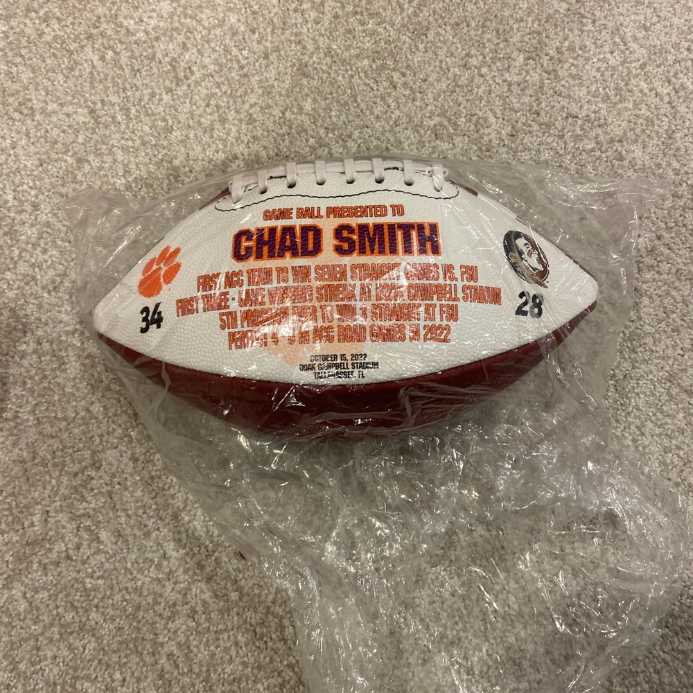 Clemson Commemorative Game Ball - Chad Smith - Clemson vs. Florida State